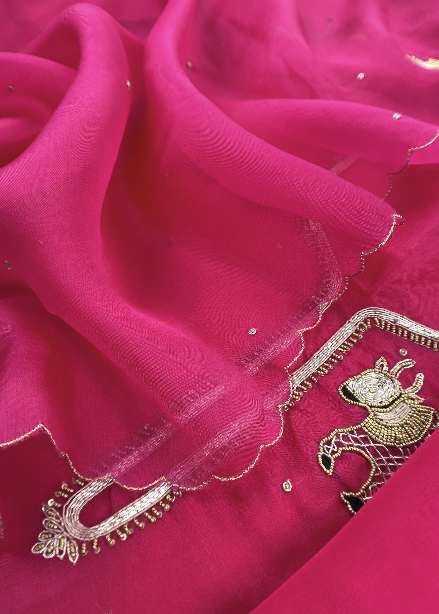 Pink Handloom Tissue silk Suit Fabric with Shikagarh Bull Handwork