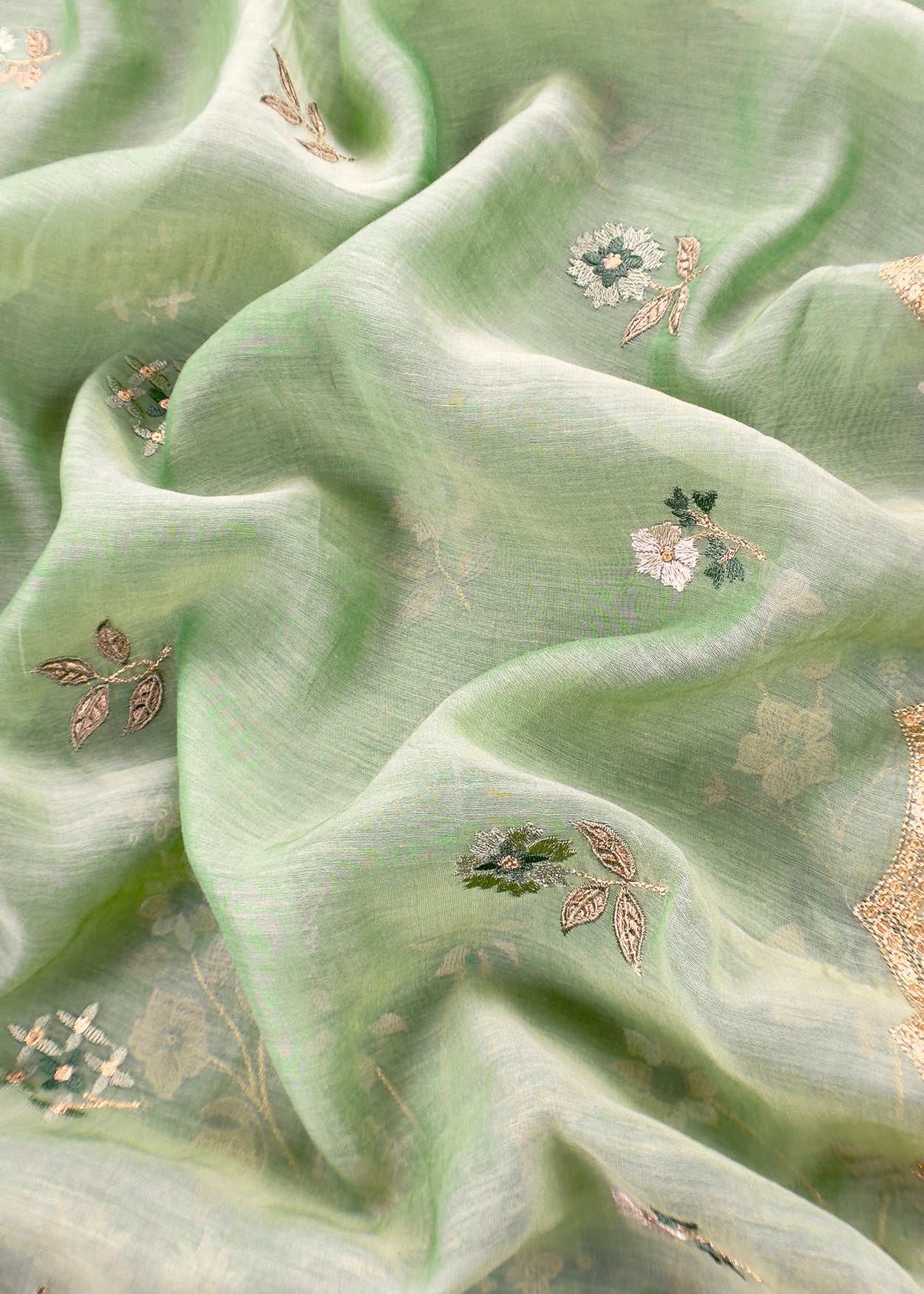 Green Pure Mul Cotton Suit With Flower Embroidery