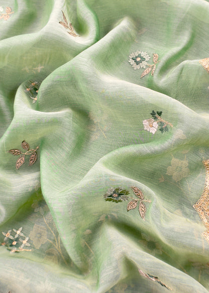 Green Pure Mul Cotton Suit With Flower Embroidery