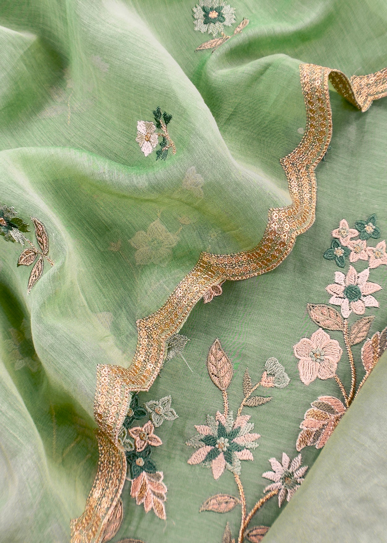 Green Pure Mul Cotton Suit With Flower Embroidery