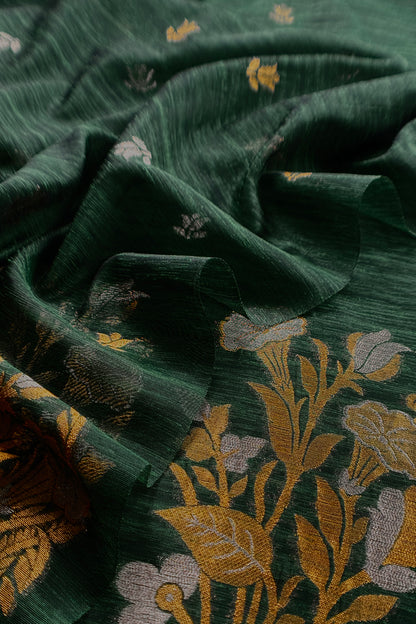 Bottle Green Linen Chanderi Suit With Sonarupa Zari Weaving