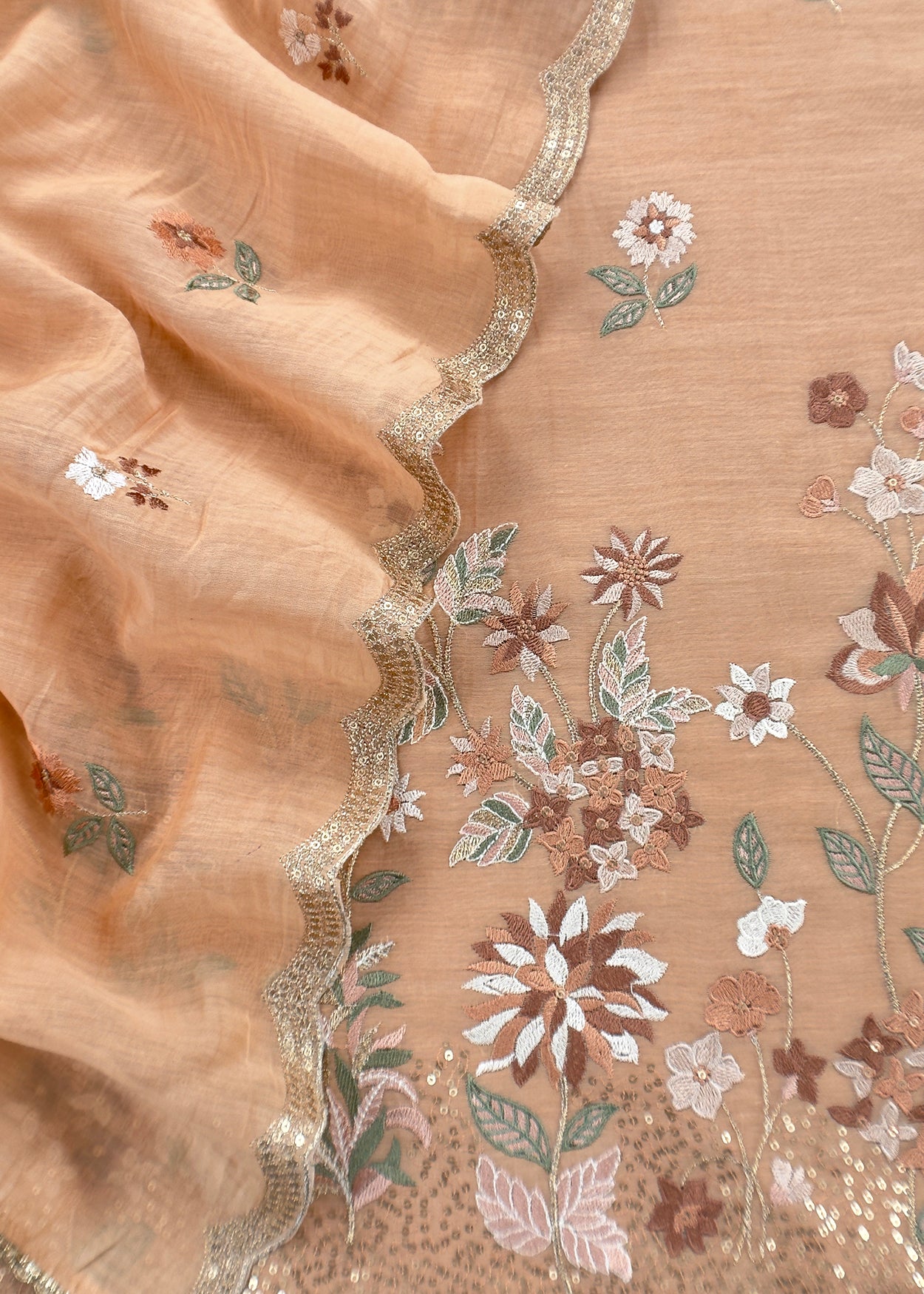 Dark Beige Pure Mul Cotton Suit With Flower Embroidery