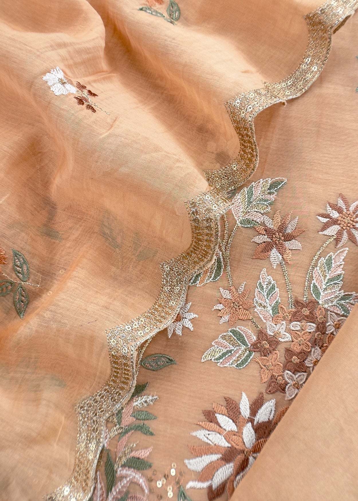 Dark Beige Pure Mul Cotton Suit With Flower Embroidery