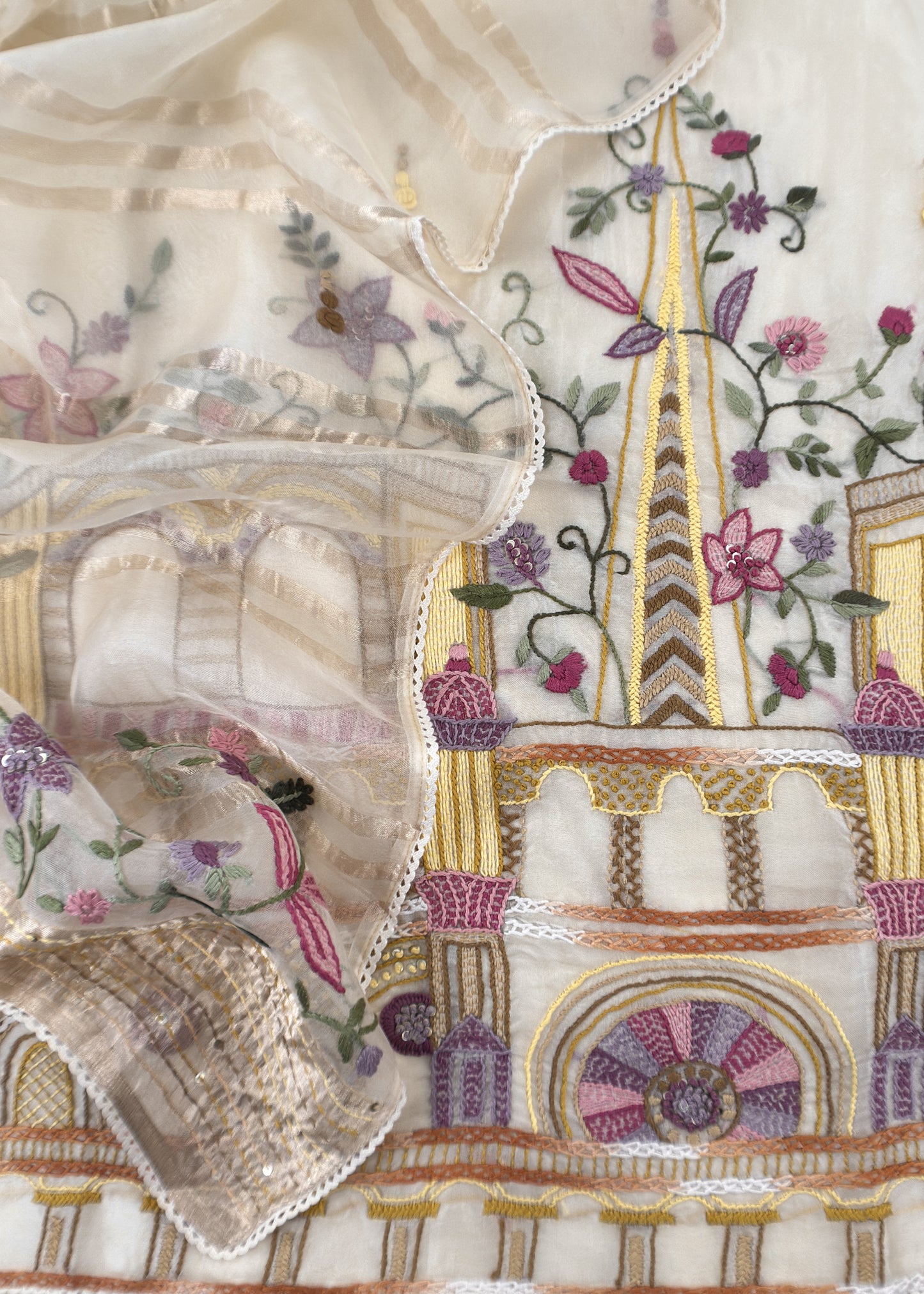 Juliet Luxe Ivory White Organza Silk Suit With Kantha And French knot Hand Embroidery