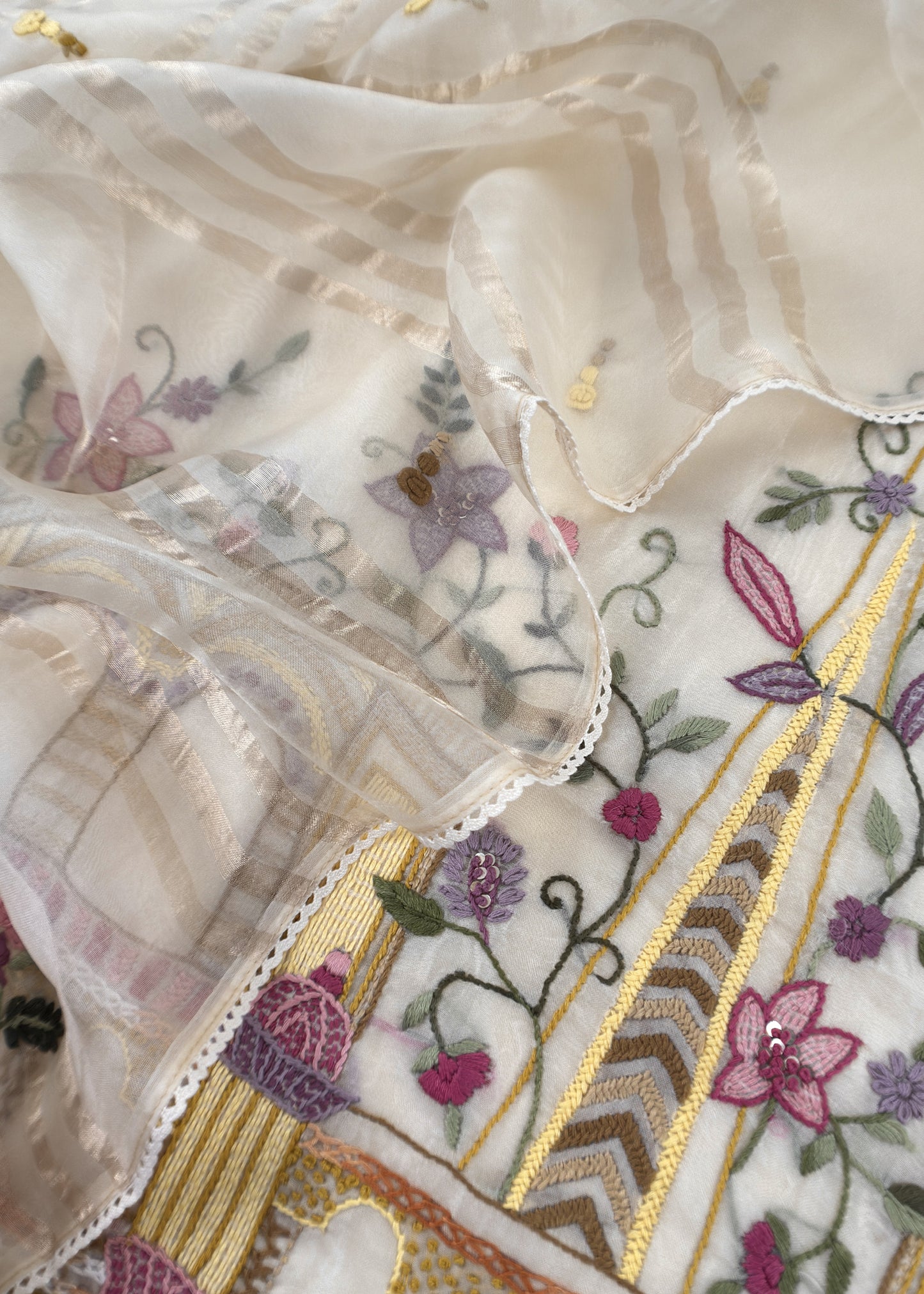 Juliet Luxe Ivory White Organza Silk Suit With Kantha And French knot Hand Embroidery