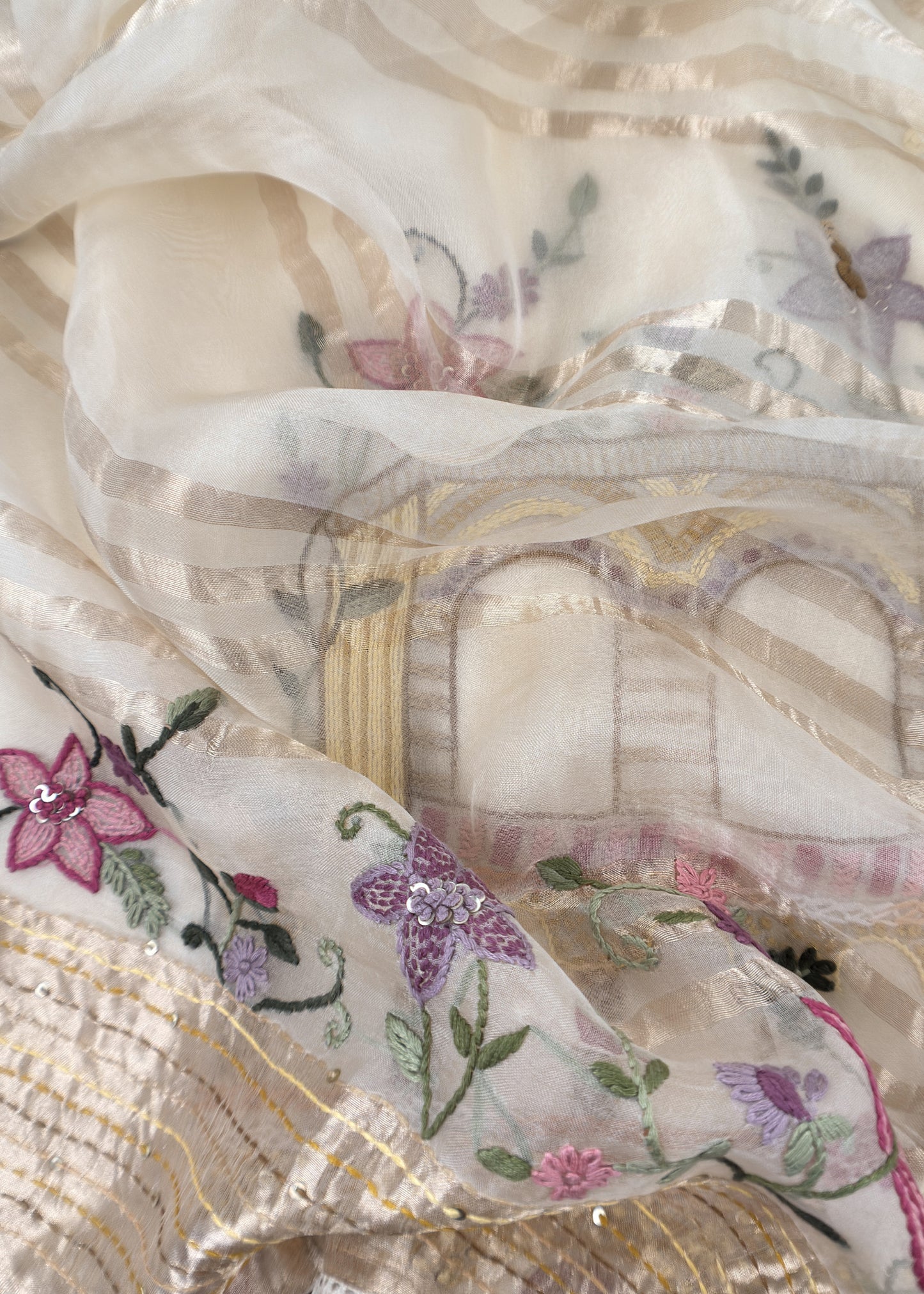 Juliet Luxe Ivory White Organza Silk Suit With Kantha And French knot Hand Embroidery