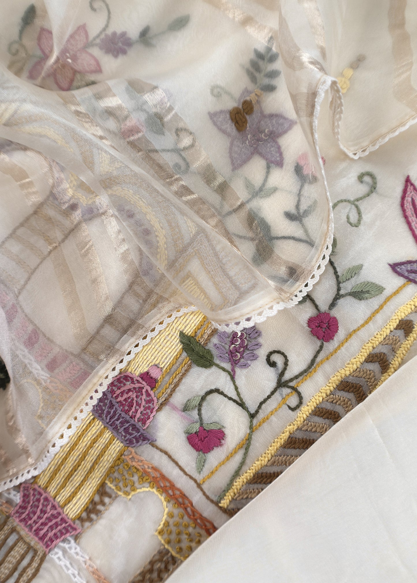 Juliet Luxe Ivory White Organza Silk Suit With Kantha And French knot Hand Embroidery