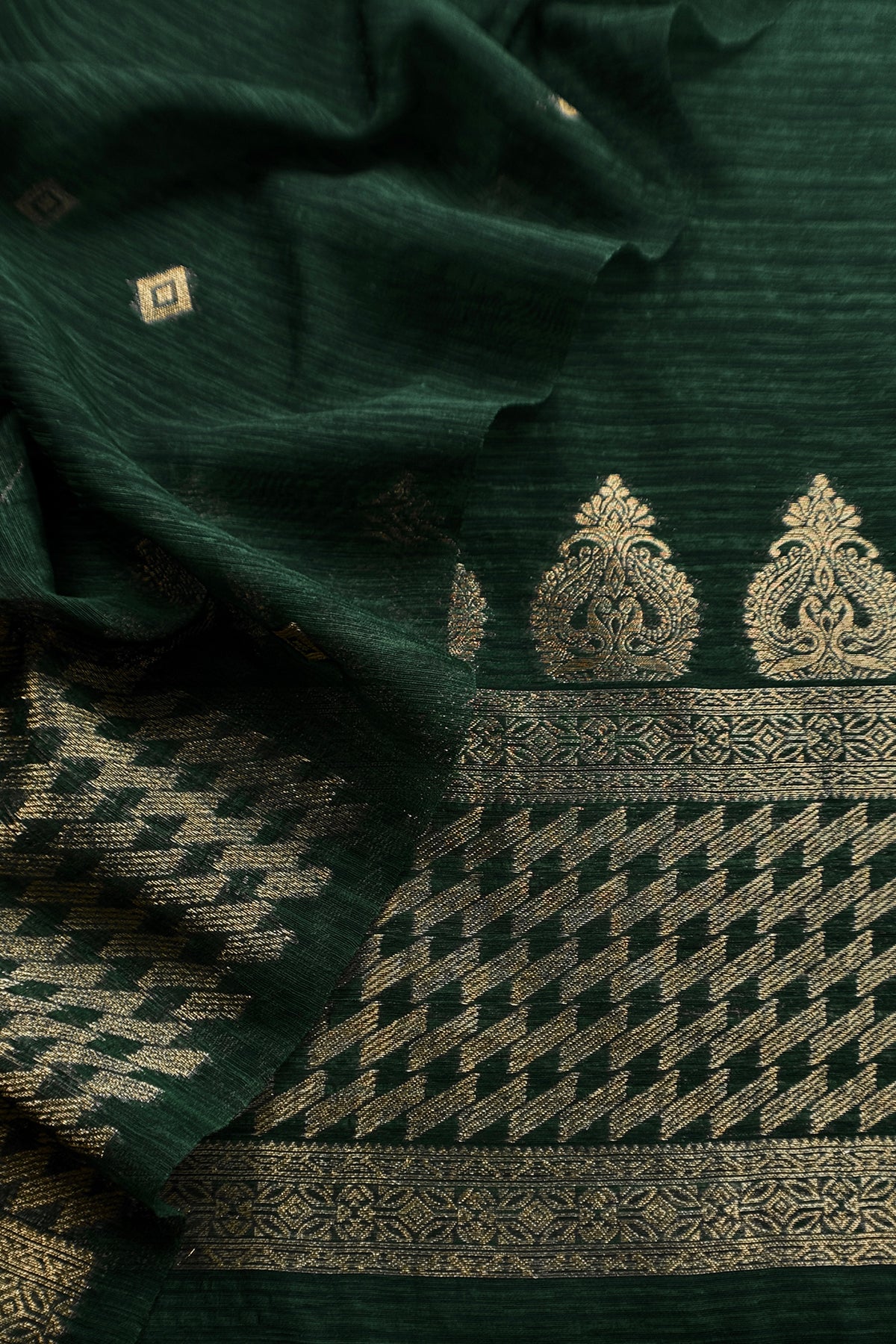 Green Chanderi Unstitched Suit With Gold Zari Jamdani Weaving