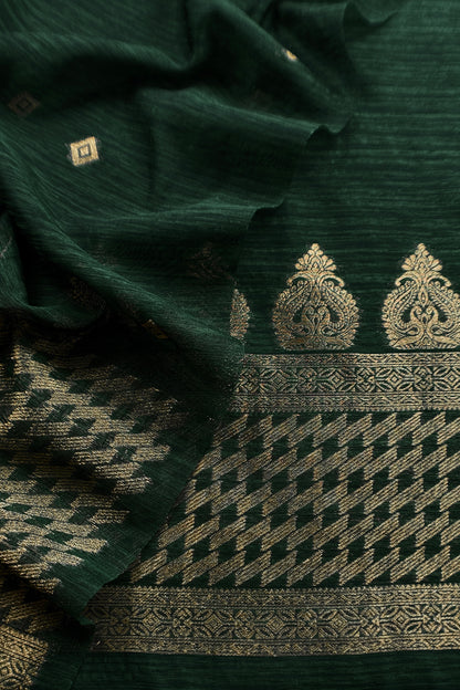 Green Chanderi Unstitched Suit With Gold Zari Jamdani Weaving