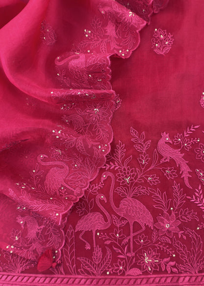 Rose Red Organza Silk Suit Fabric with Parsi Flamingo Embroidery