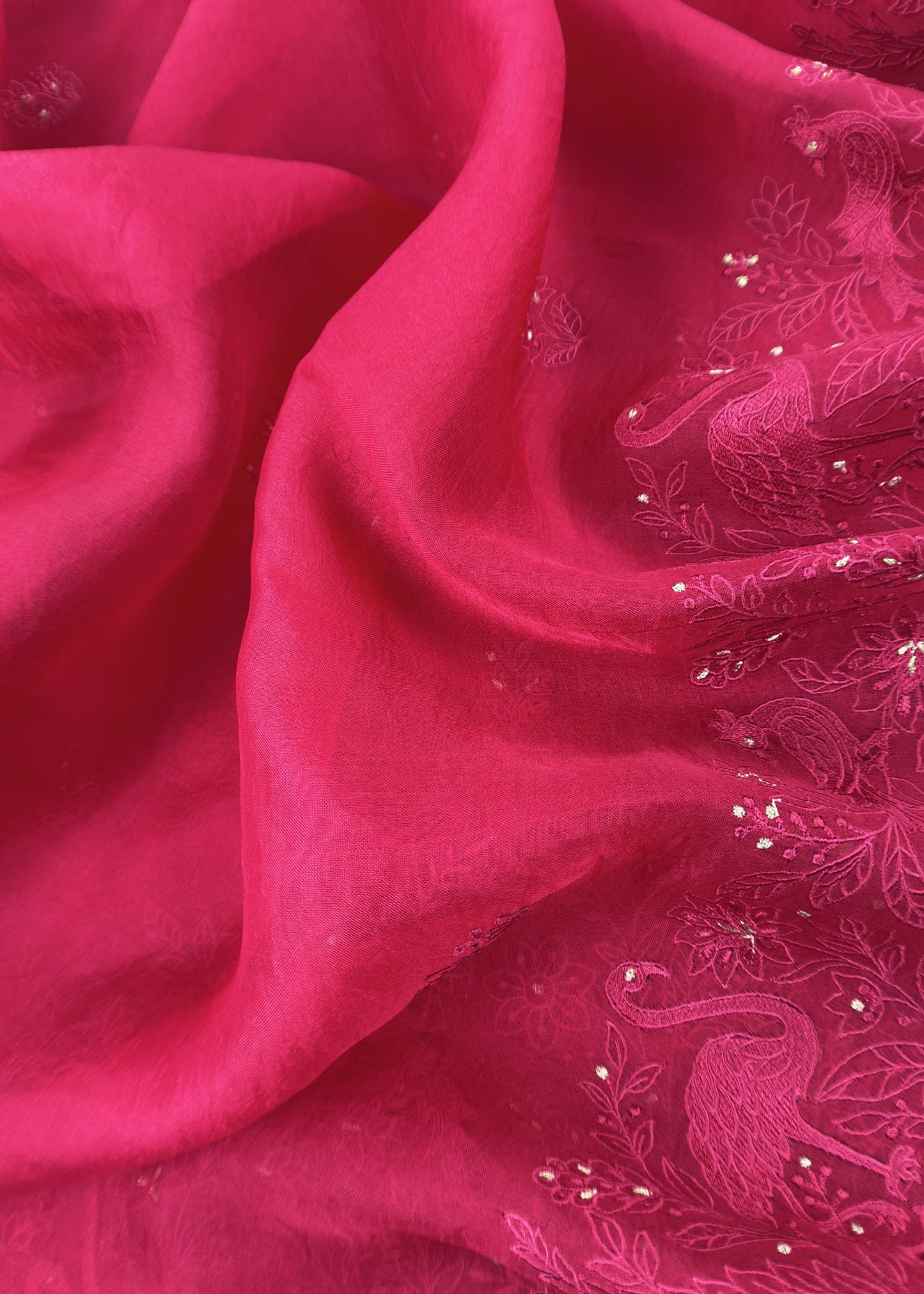Rose Red Organza Silk Suit Fabric with Parsi Flamingo Embroidery