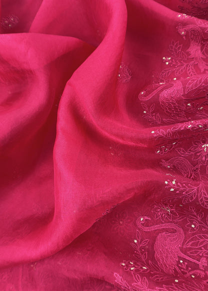 Rose Red Organza Silk Suit Fabric with Parsi Flamingo Embroidery