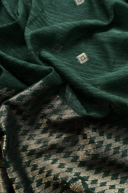 Green Chanderi Unstitched Suit With Gold Zari Jamdani Weaving
