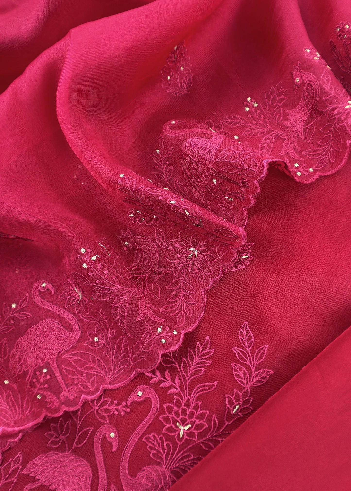 Rose Red Organza Silk Suit Fabric with Parsi Flamingo Embroidery
