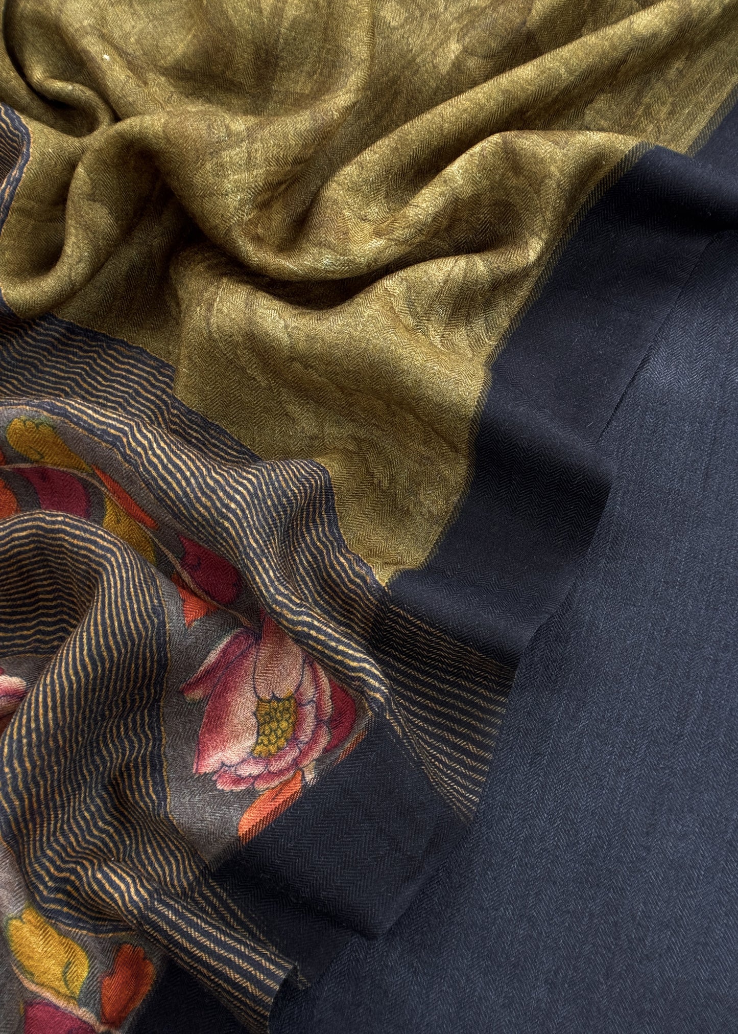 Black Pashmina Unstitched Suits With Kalamkari Dupatta