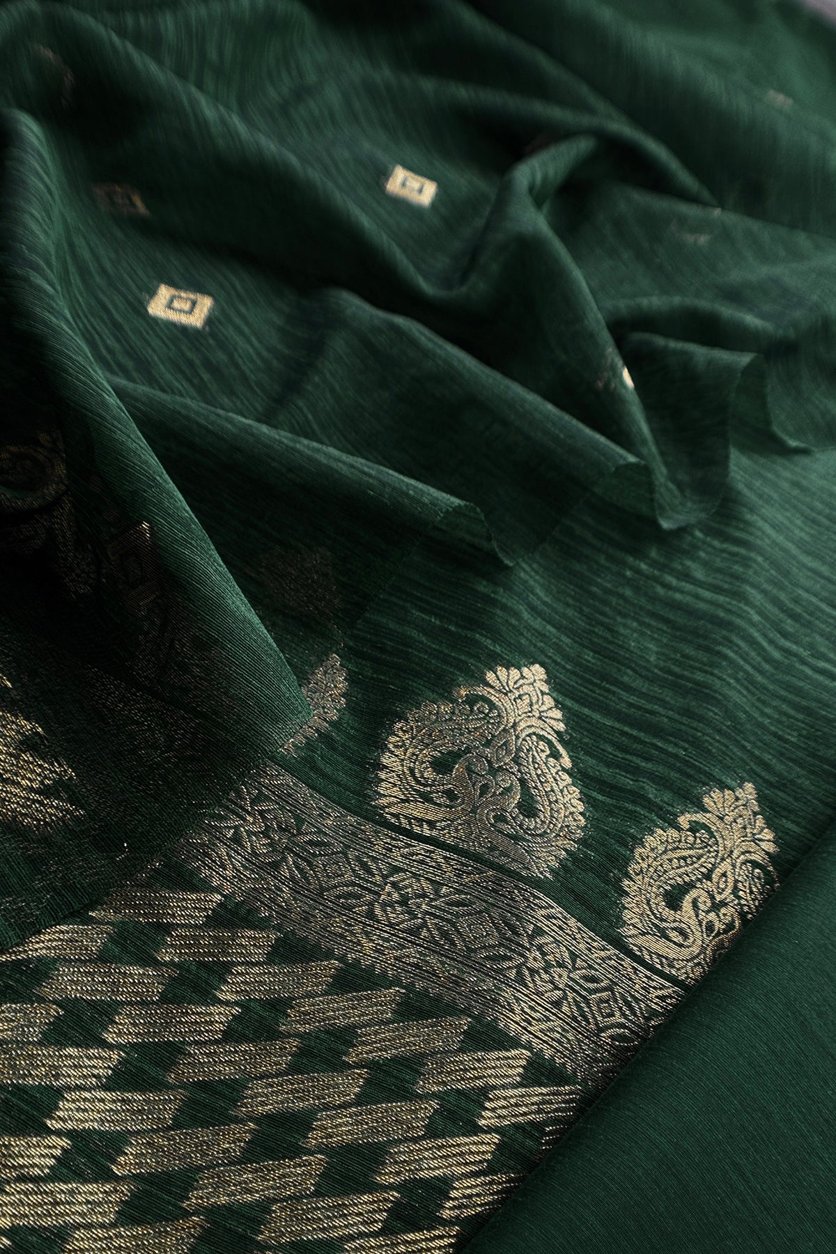 Green Chanderi Unstitched Suit With Gold Zari Jamdani Weaving