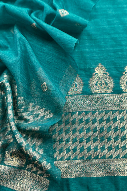 Turquoise Chanderi Unstitched Suit With Gold Zari Jamdani Weaving