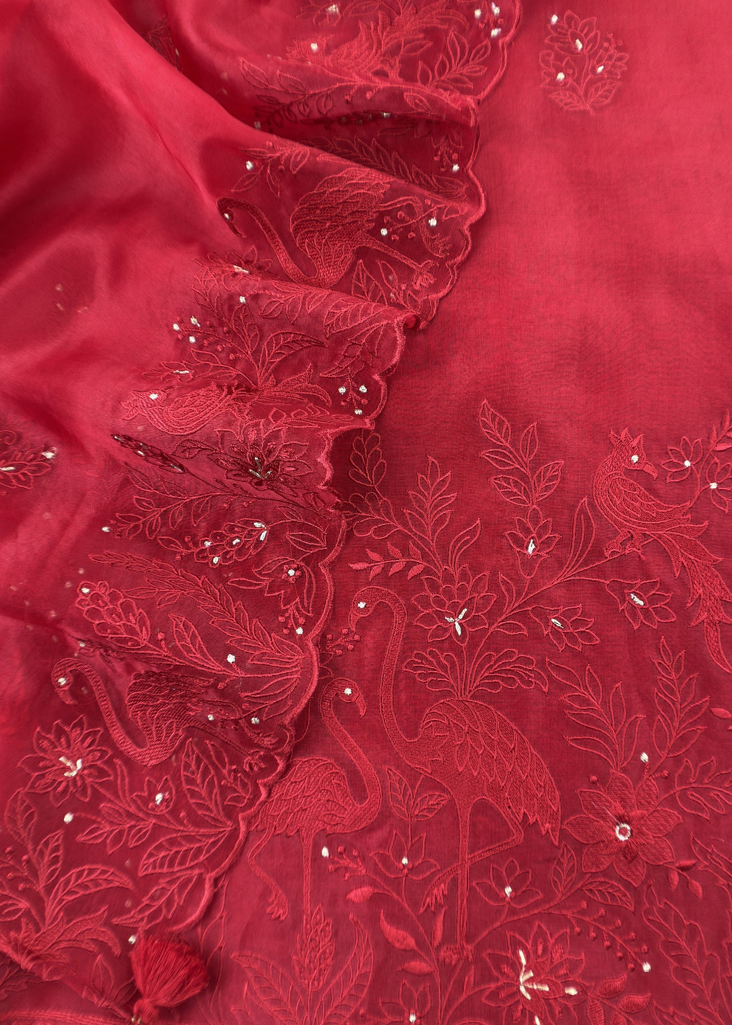 Classic Red Organza Silk Suit Fabric with Parsi Flamingo Embroidery