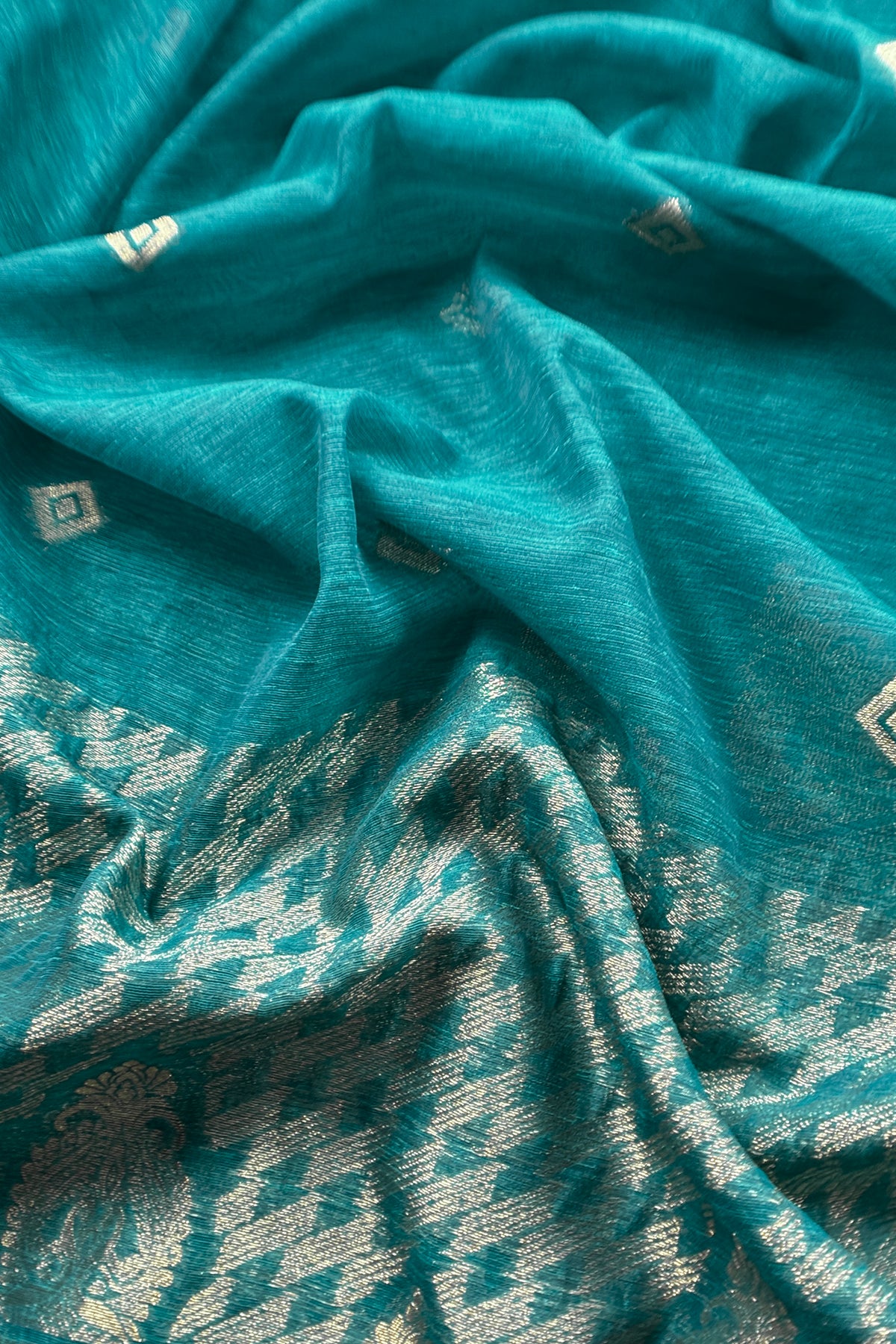 Turquoise Chanderi Unstitched Suit With Gold Zari Jamdani Weaving
