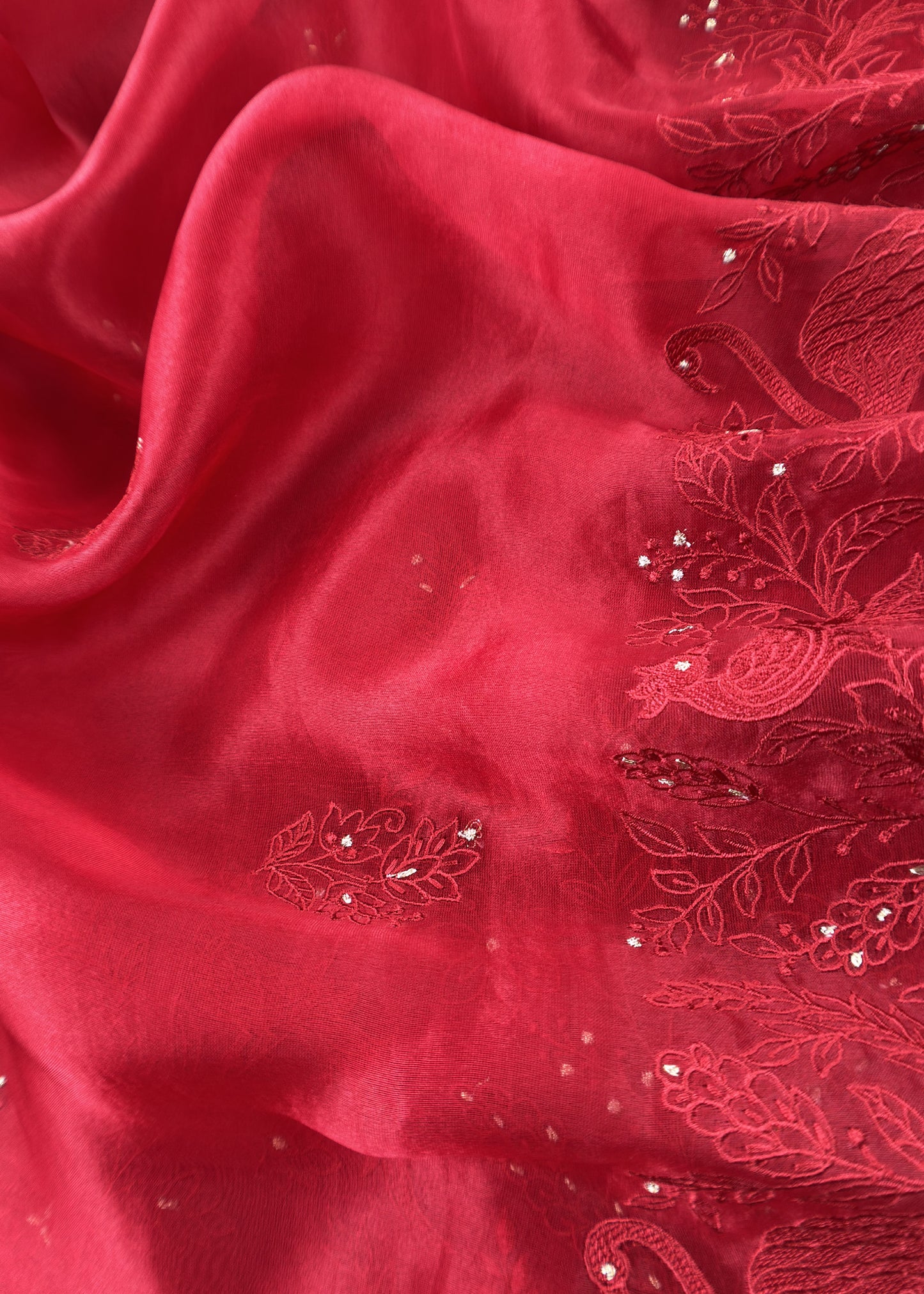 Classic Red Organza Silk Suit Fabric with Parsi Flamingo Embroidery