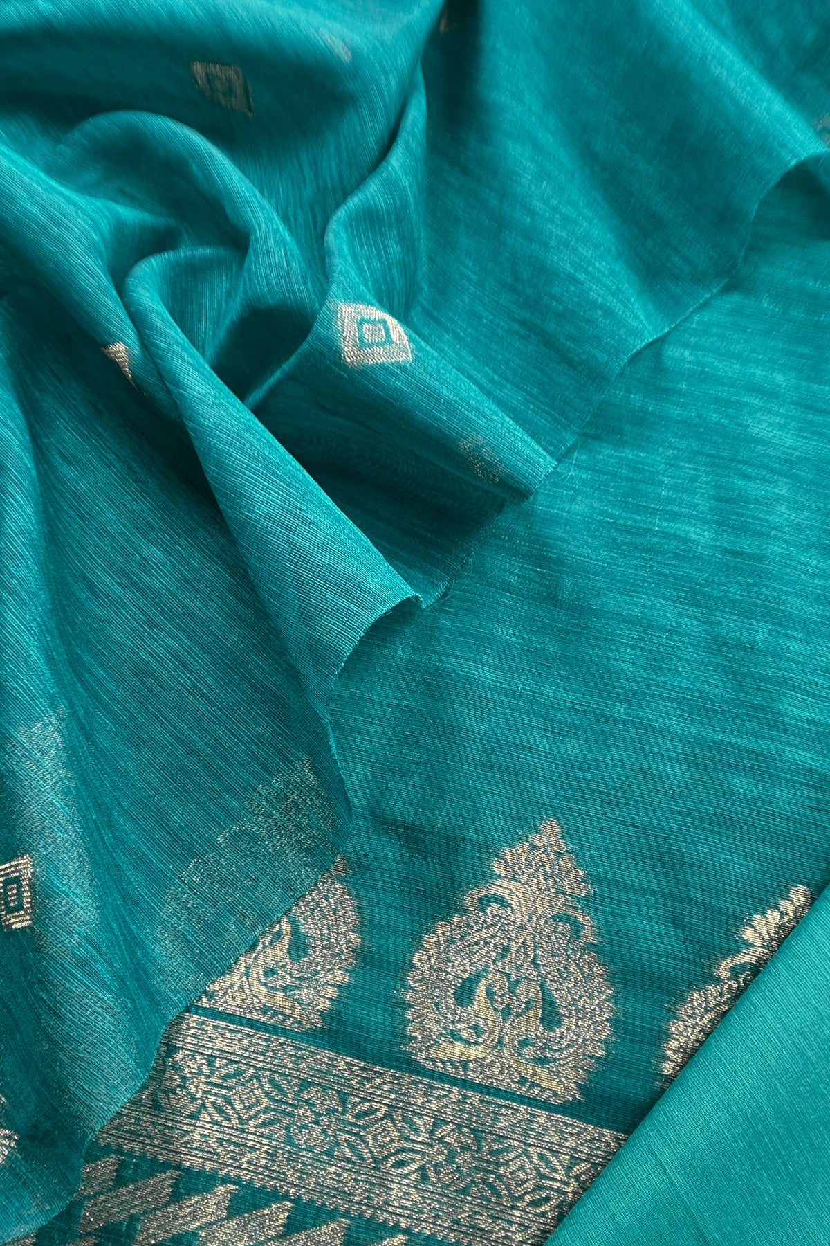 Turquoise Chanderi Unstitched Suit With Gold Zari Jamdani Weaving