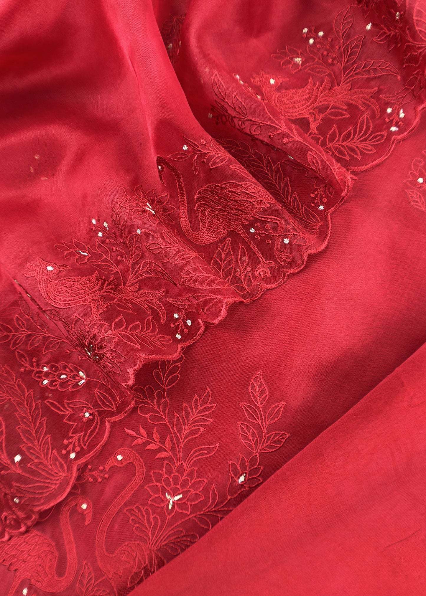 Classic Red Organza Silk Suit Fabric with Parsi Flamingo Embroidery