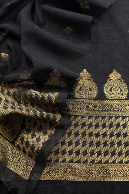 Black Chanderi Unstitched Suit With Gold Zari Jamdani Weaving