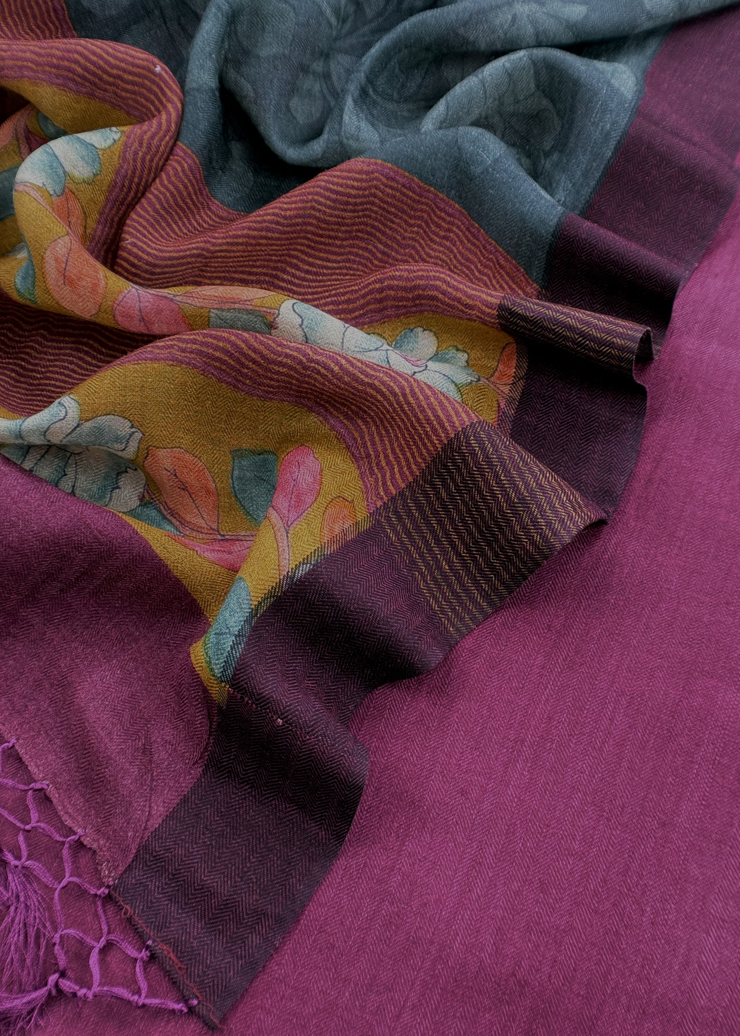 Wine Pashmina Unstitched Suits With Kalamkari Dupatta