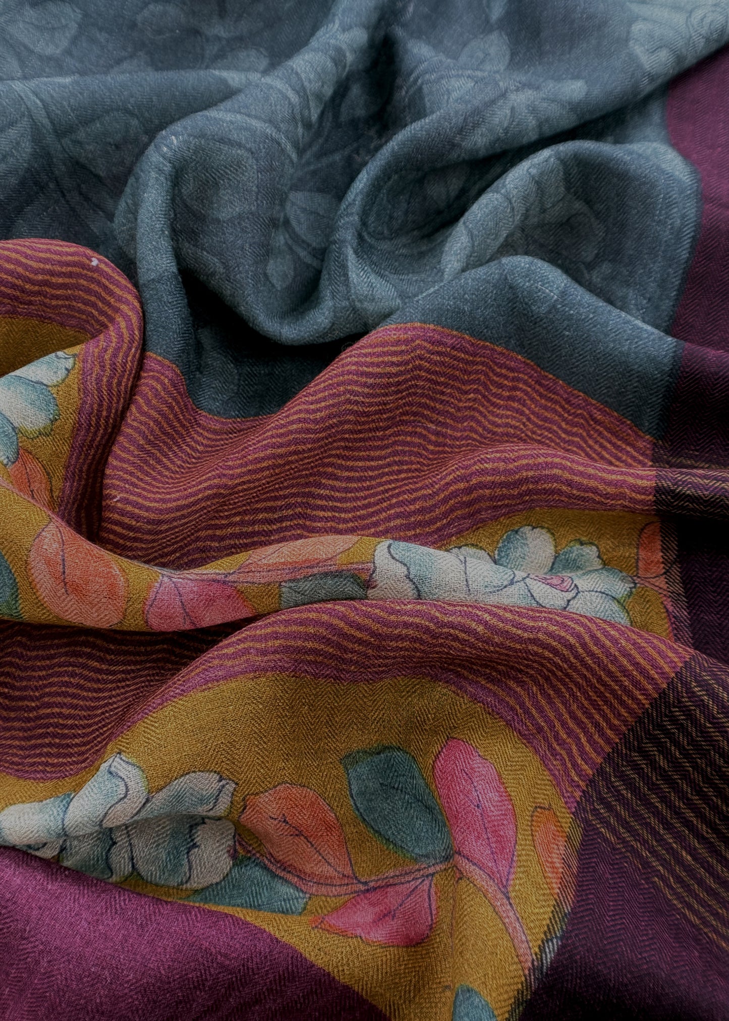 Wine Pashmina Unstitched Suits With Kalamkari Dupatta