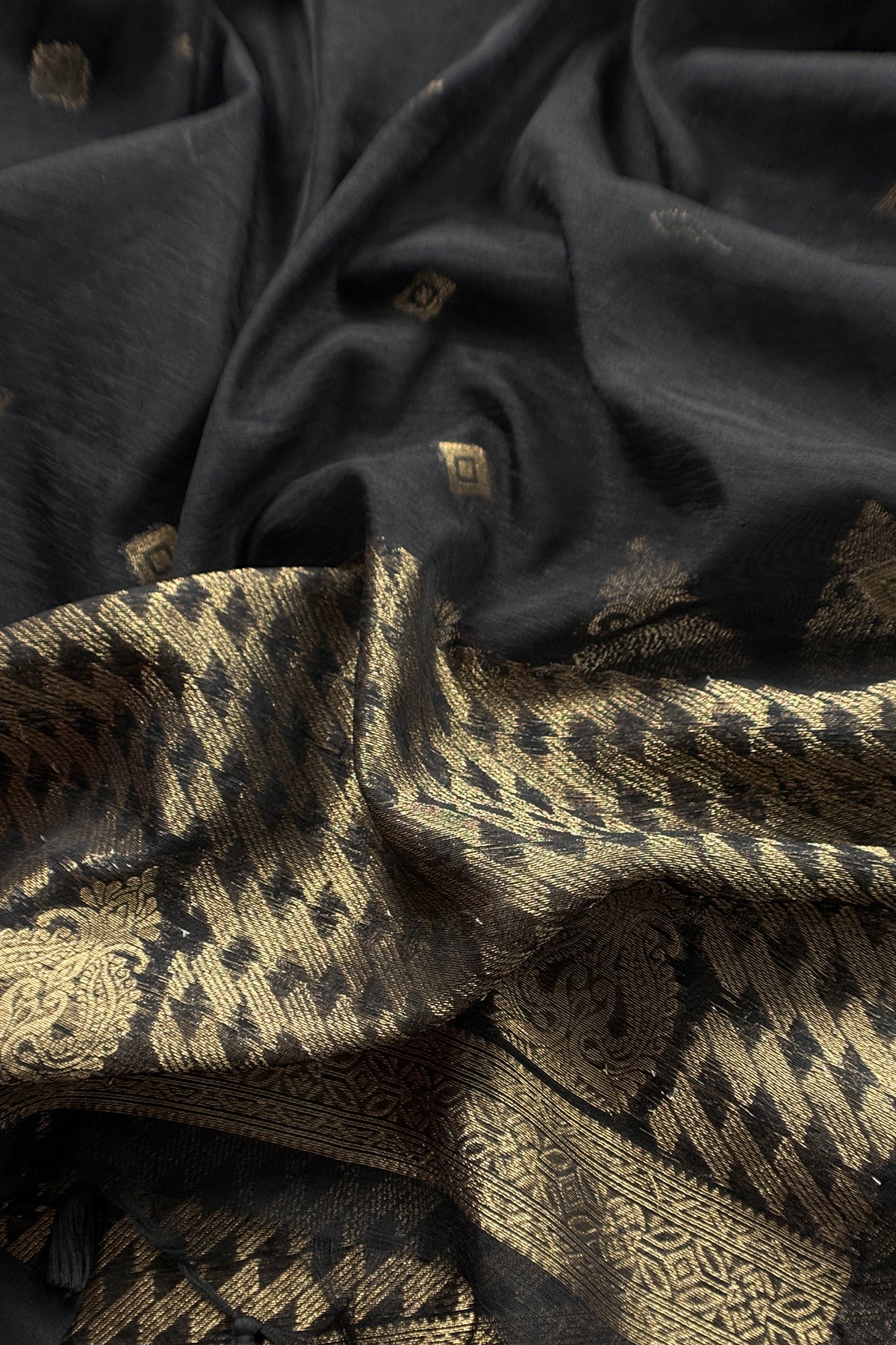 Black Chanderi Unstitched Suit With Gold Zari Jamdani Weaving