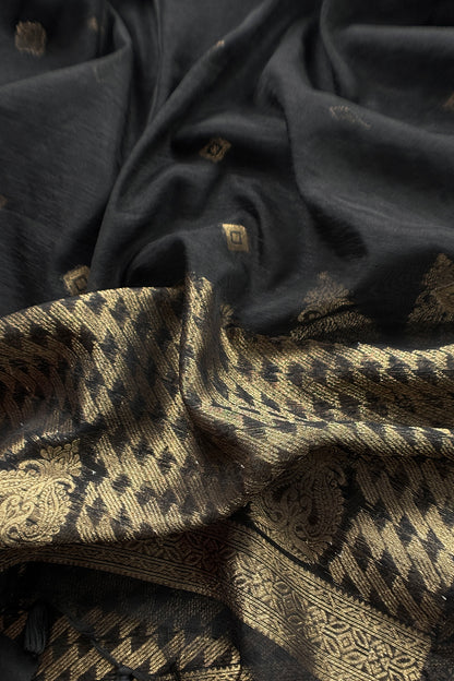 Black Chanderi Unstitched Suit With Gold Zari Jamdani Weaving