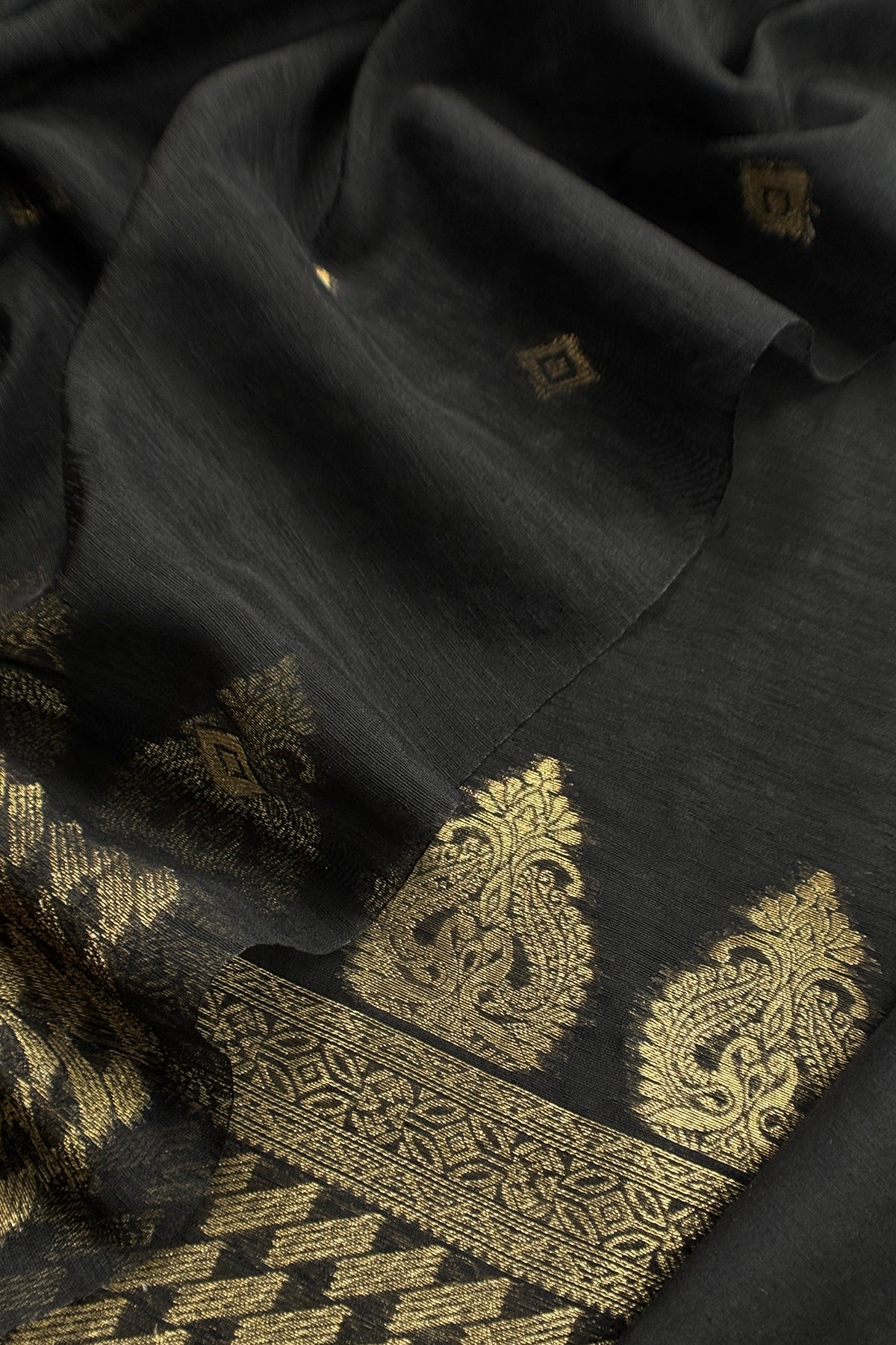 Black Chanderi Unstitched Suit With Gold Zari Jamdani Weaving