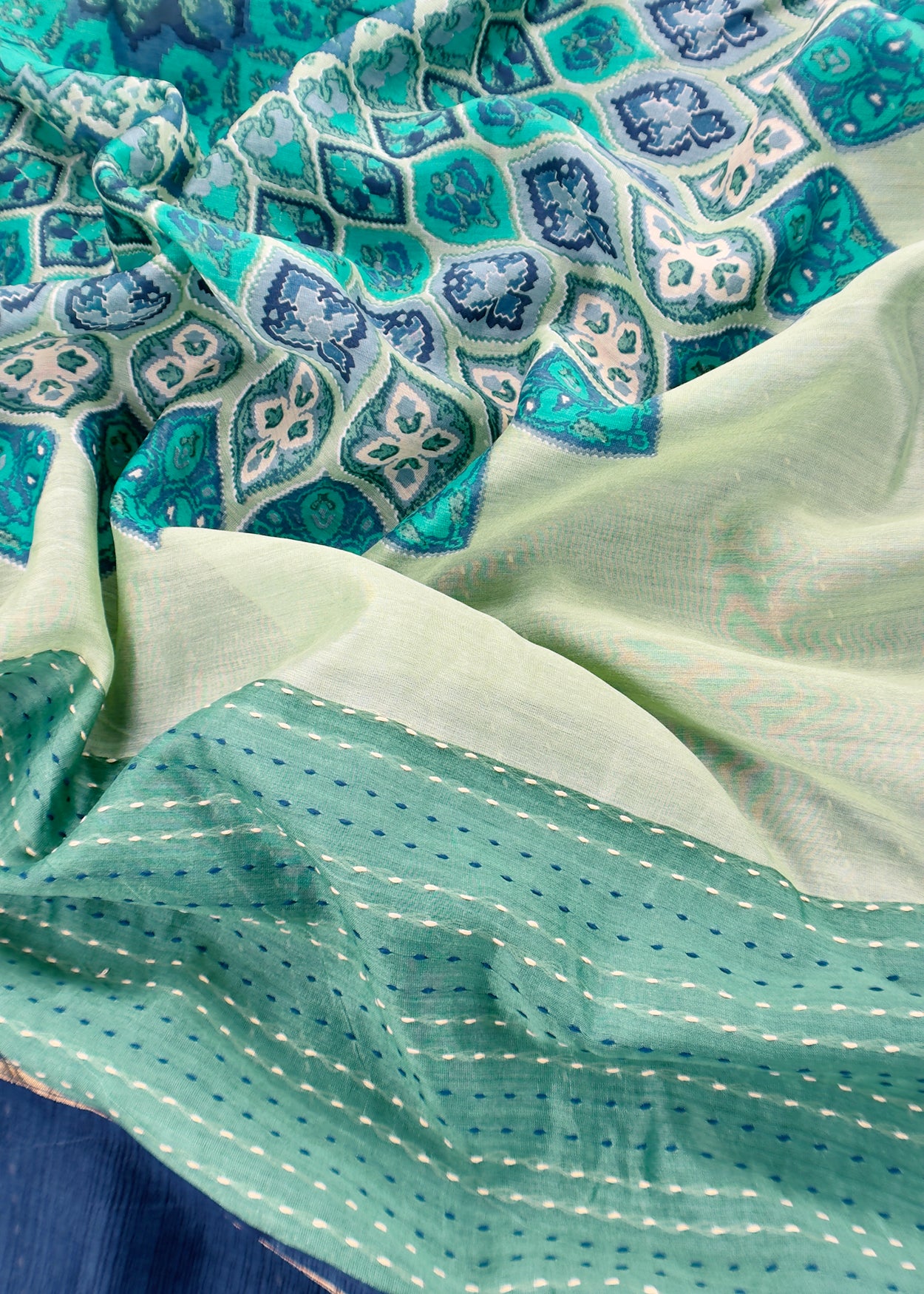 Pure maheshwari suit with Kantha stitch hand embroidered.

