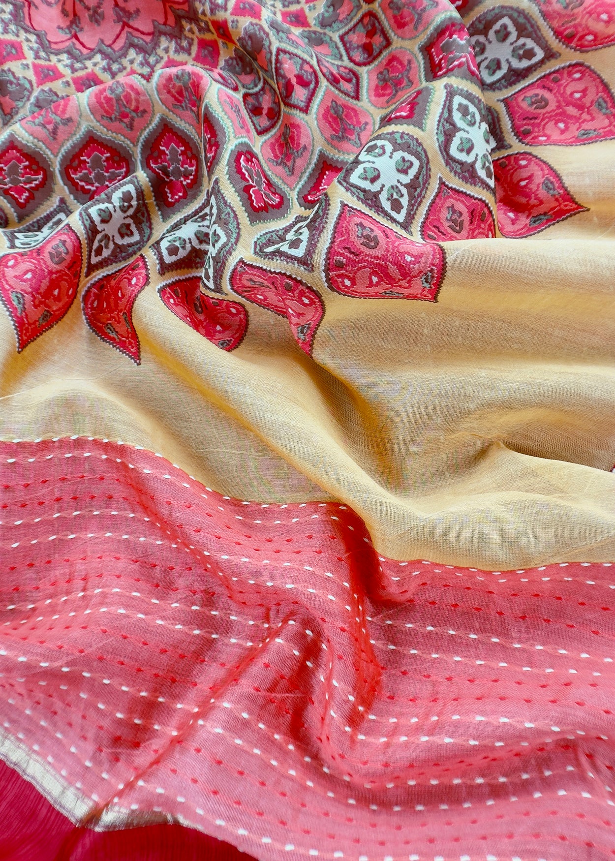 Pure maheshwari suit with Kantha stitch hand