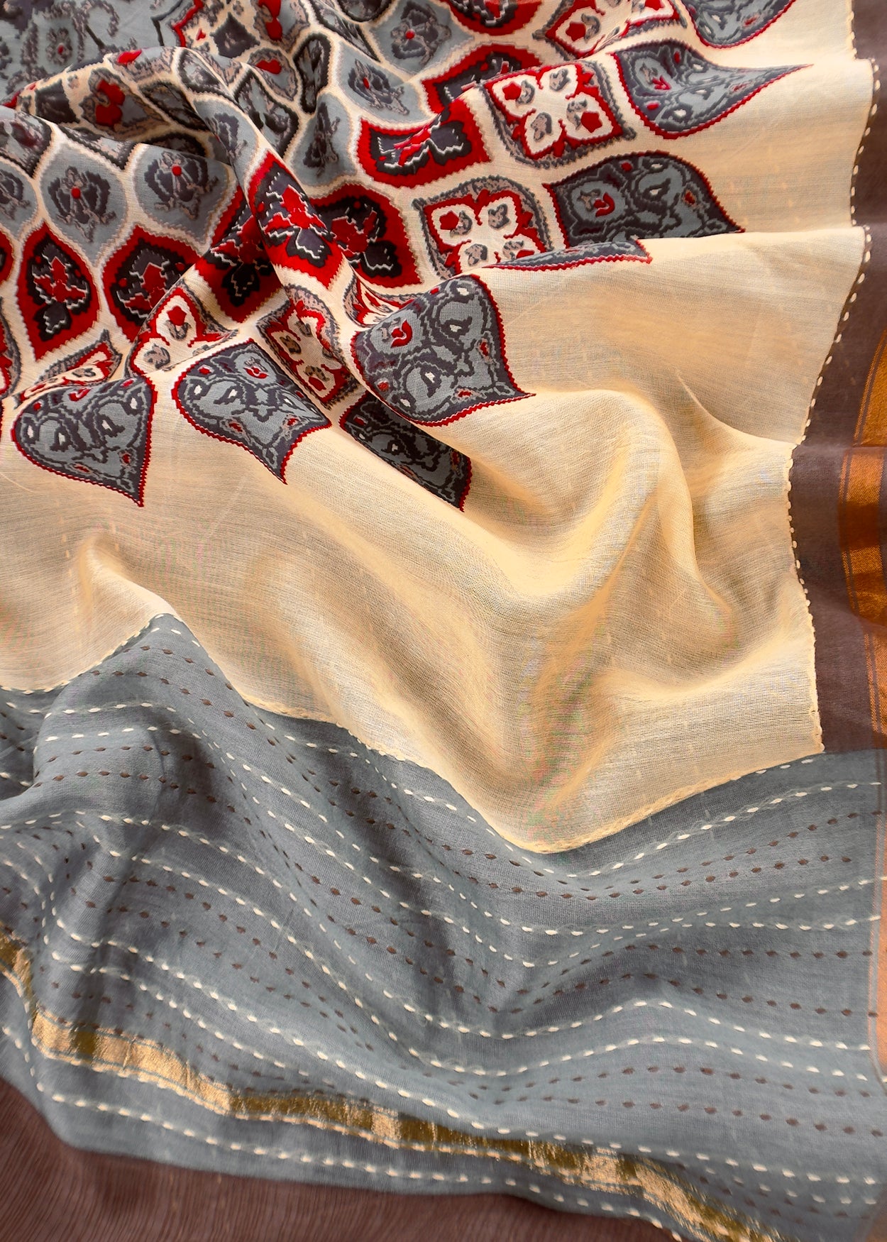 Pure maheshwari suit with Kantha stitch hand