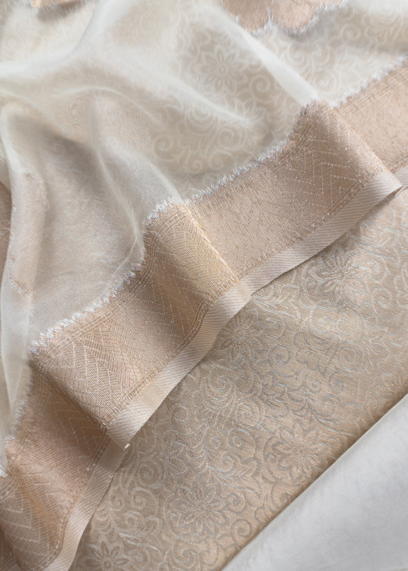 White Banarasi Silk Brocade Suit With Organza Dupatta