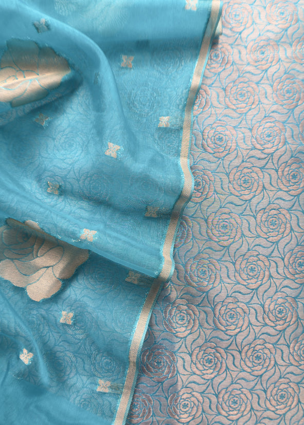 Firozi Banarasi Silk Brocade Suit With Organza Dupatta