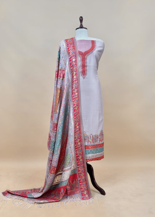 White And Red Handloom Silk Suit With Kani Zari Weaving