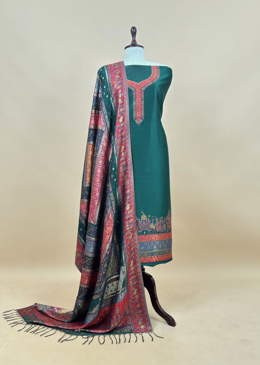 Green and Red Handloom Silk Suit With Kani Zari Weaving