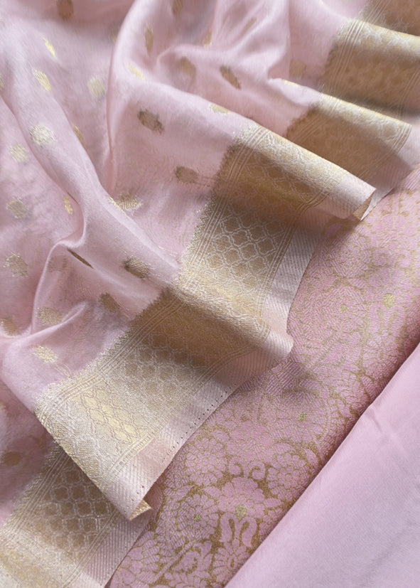 Pink Banarasi Silk Brocade Suit With Organza Dupatta