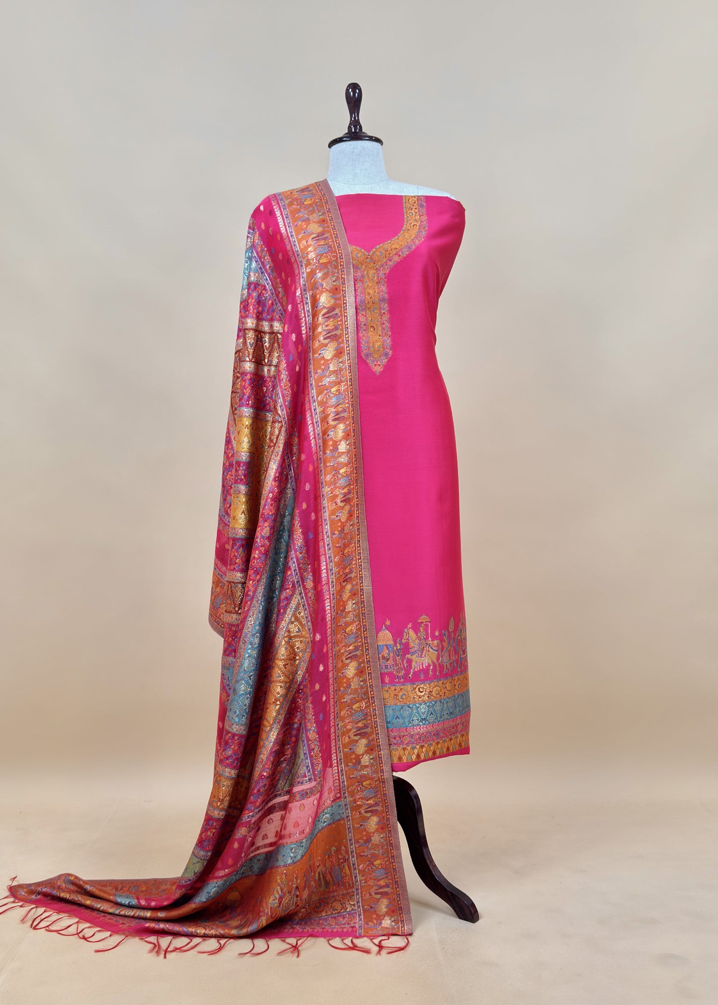 Green and Red Handloom Silk Suit With Kani Zari Weaving