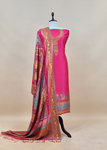 White And Red Handloom Silk Suit With Kani Zari Weaving