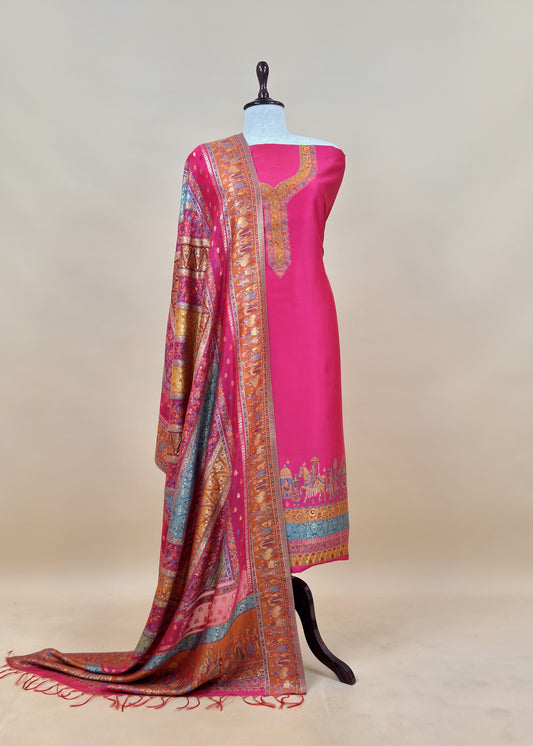 Pink And Orange Handloom Silk Suit With Kani Zari Weaving