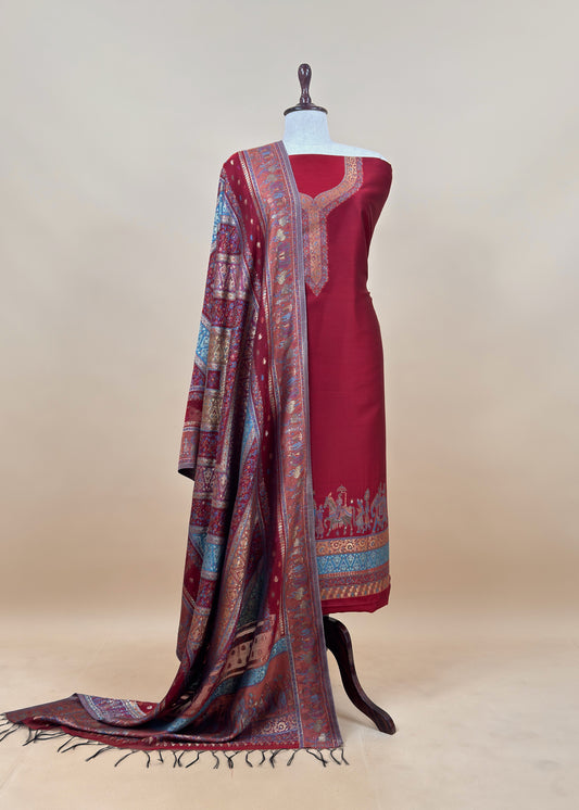 Red And Orange Handloom Silk Suit With Kani Zari Weaving