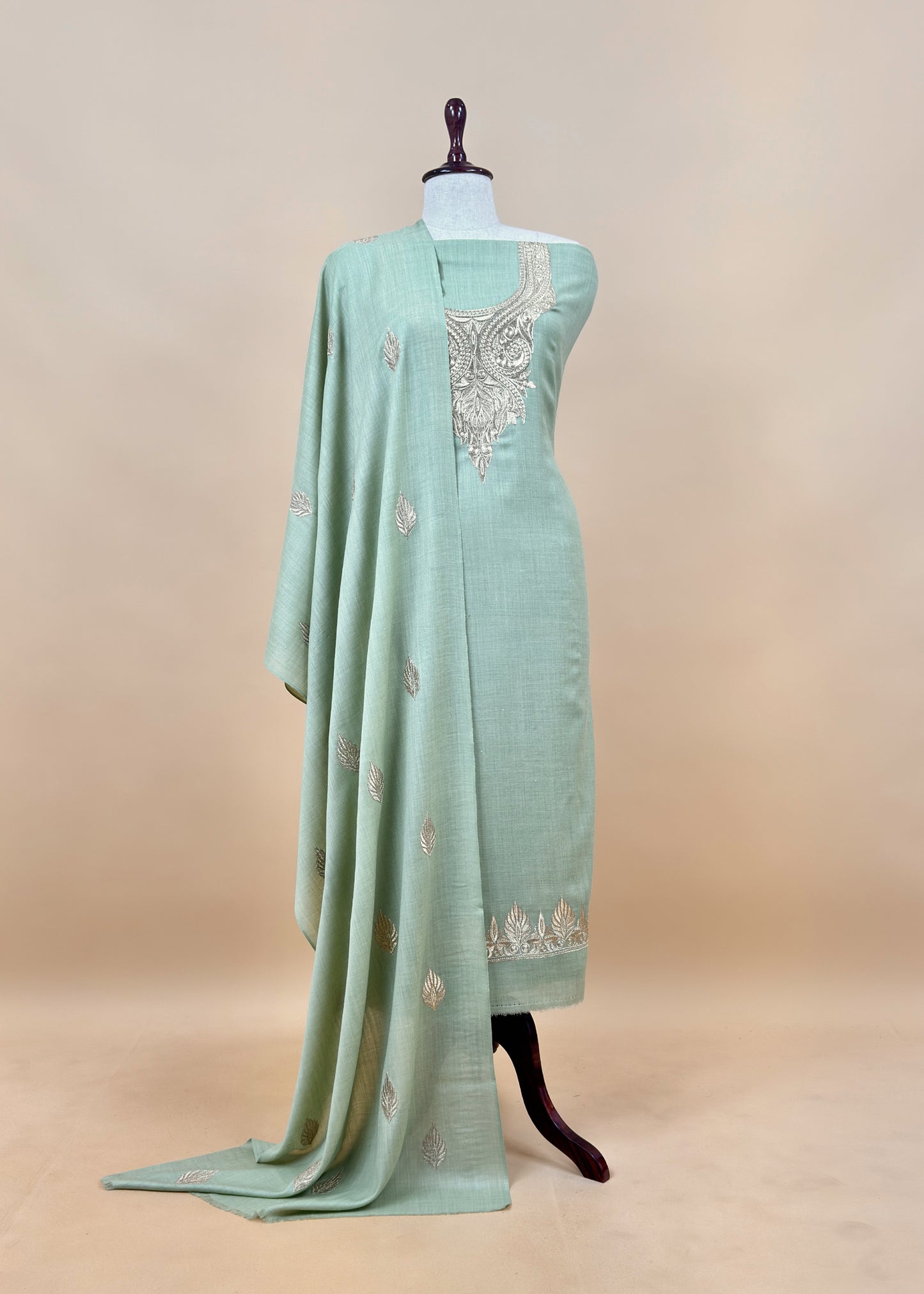 Blue Merino wool  Unstitched Suit With Aari Zari Embroidery