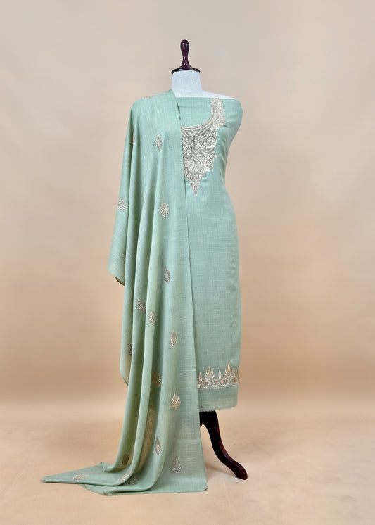 Pastel Green Woolen Unstitched Suit With Aari Zari Embroidery