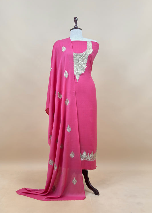 Pink Woolen Unstitched Suit With Aari Zari Embroidery