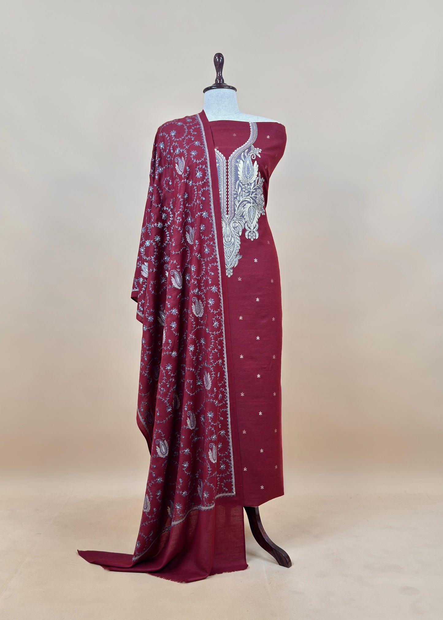 Maroon Merino Wool Unstitched Suit in Aari Embroidery
