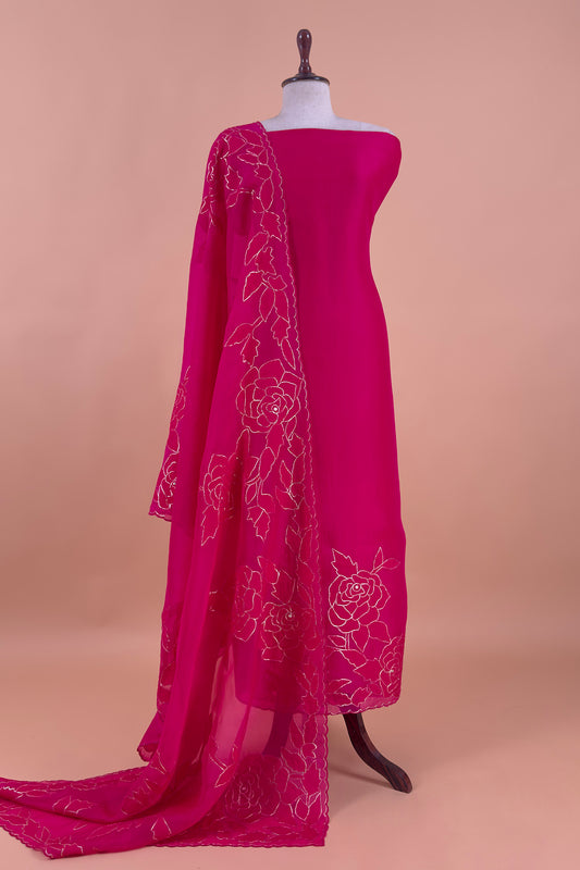 Pink French Roses Handloom Organza Suit Fabric With Appliqué And Pitta Work