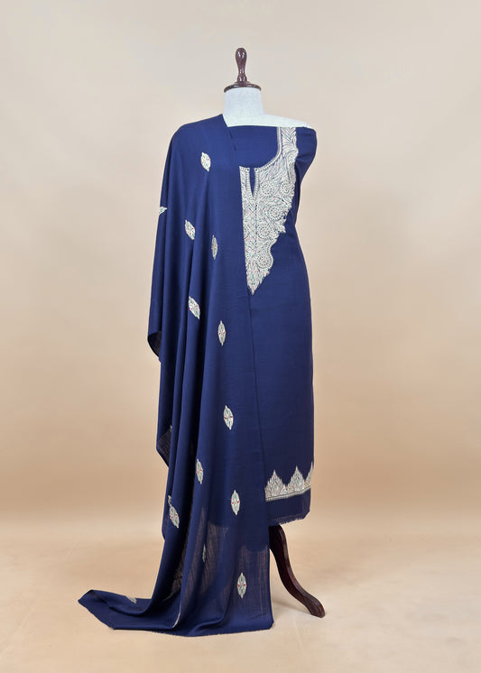 Blue Merino wool  Unstitched Suit With Aari Zari Embroidery
